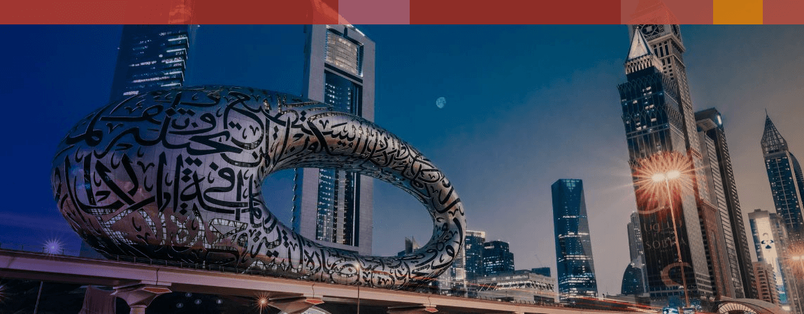 A contemporary sculpture and skyscrapers in Dubai.