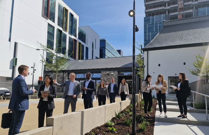 A busy hub with professionals, entrepreneurs, community members gathering.