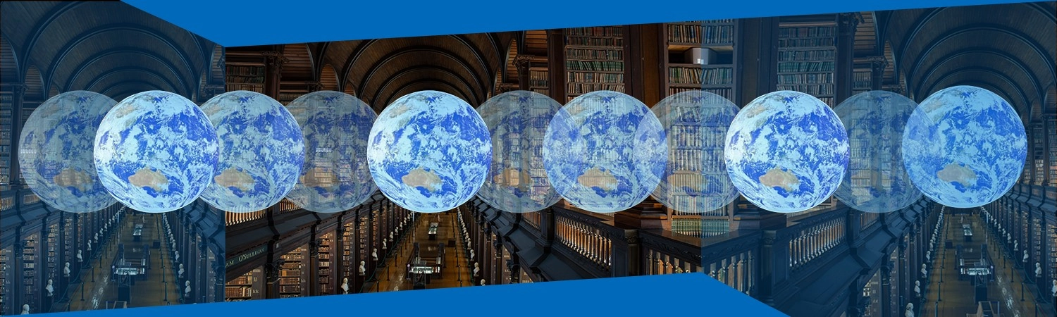 An image of Trinity Long Room with a holographic globe, repeated