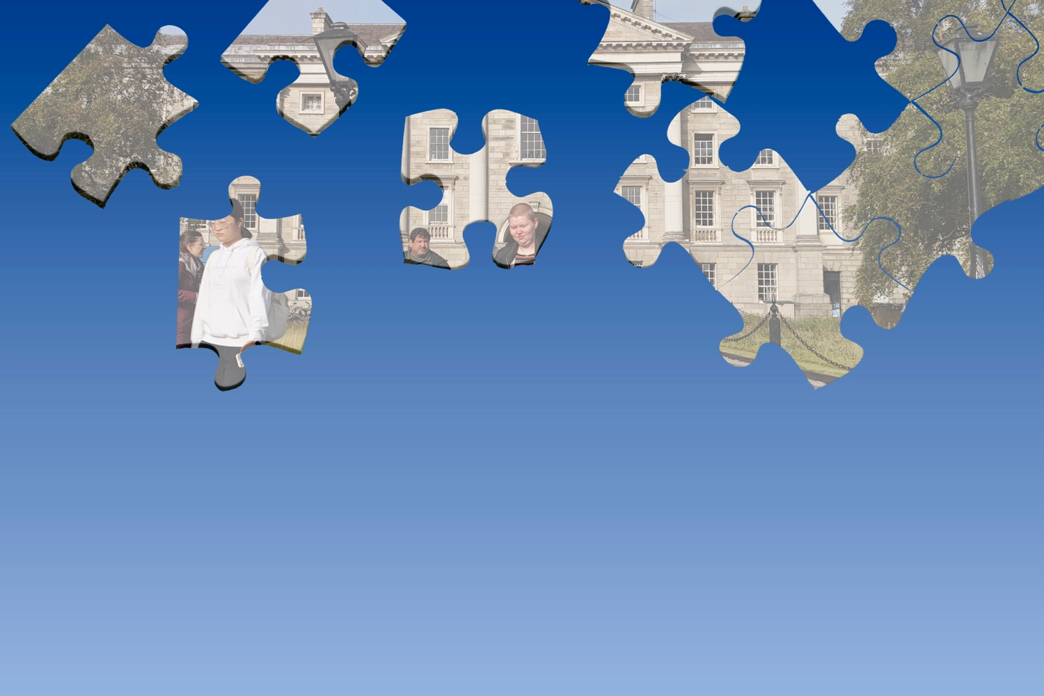 jigsaw pieces with images of Trinity College, on a blue background