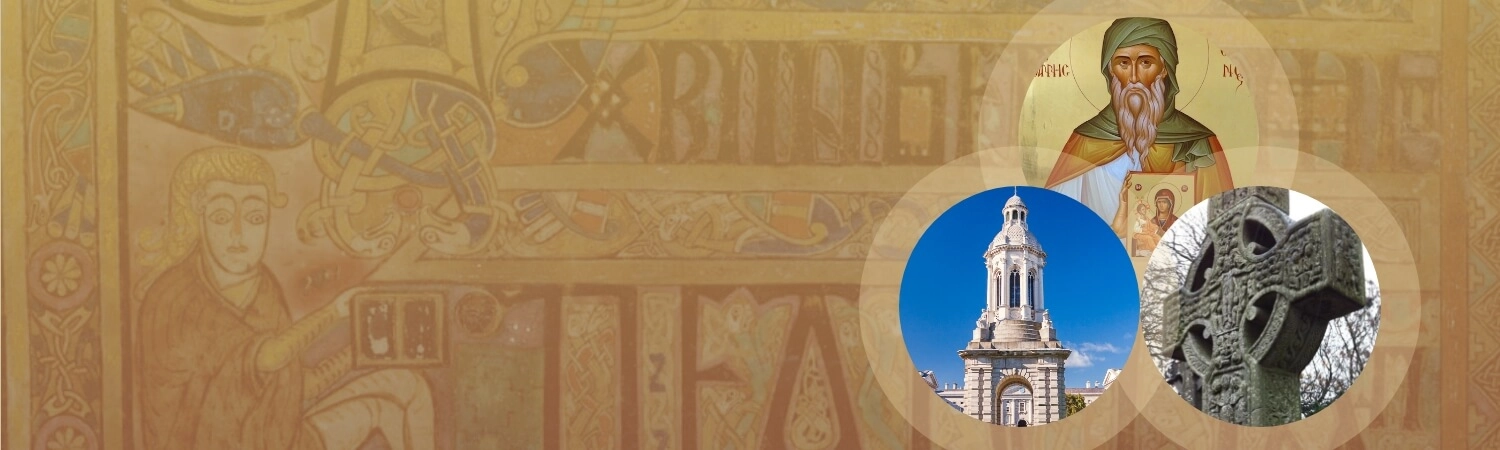 Book of Kells image with images of saints, Trinity College Dublin and a celtic cross