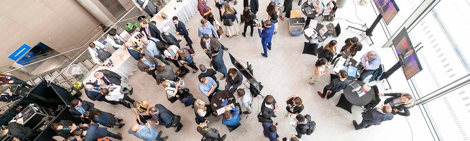 View of conference gathering from above in Trinity Business School