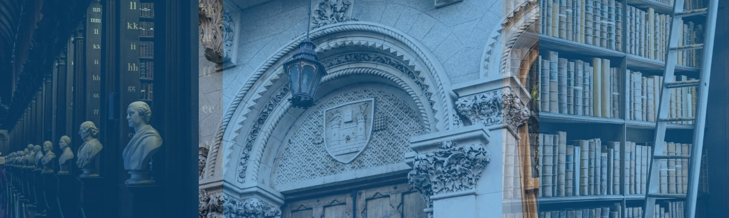 A collage of two images of books in The Long Room and the detail carving over the front door of the Museum Building