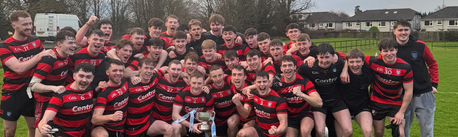 The Trinity GAA team stand for a victorious photo after winning the Trench Cup. The Captain, in the middle of the photograph, holds the silver cup. The team are all wearing red and black striped jerseys and black shorts.