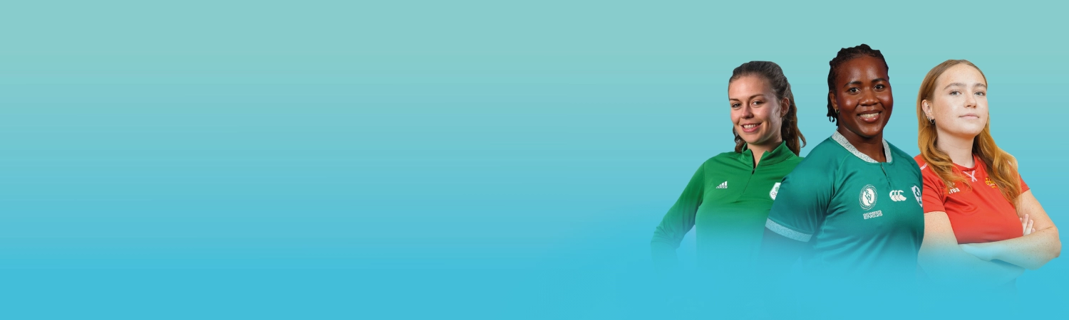 Lead-Her leadership programme website banner showing three women in sport at Trinity with a blue / green background