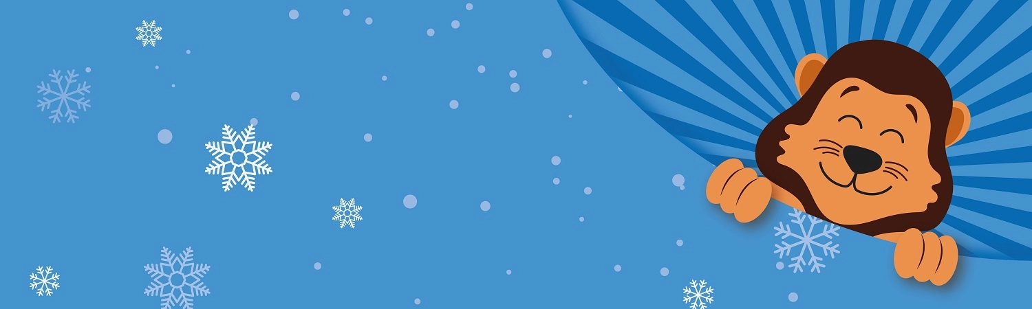 Illustrative image with a blue background showing Lunn the Lion on the top right-hand corner