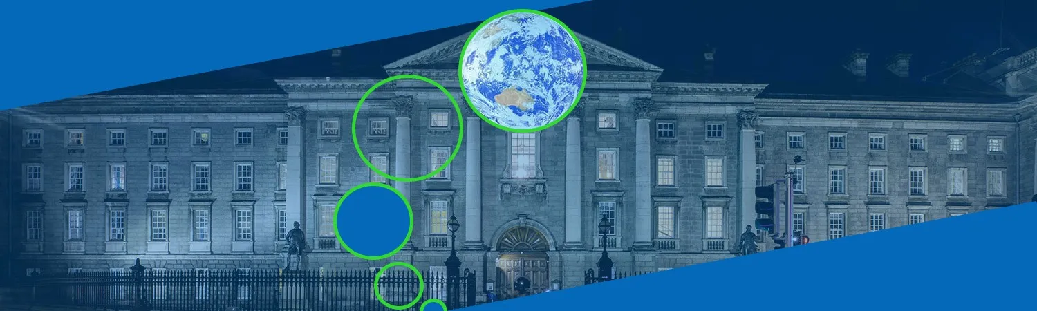 Trinity Front Entrance with graphic detail of Circles moving up to globe at top of image.