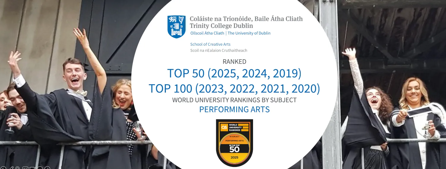 Image of celebrating graduate students on the outside of Samuel Beckett Theatre plus logo noting School of Creative Arts ranked Top 50 (2025, 2024, 2019) and Top 100 (2023, 2022, 2021, 2020) in QS World University Rankings by subject in Performing Arts