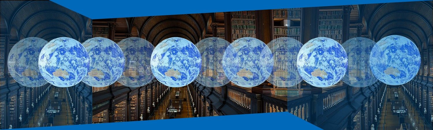 An image of Trinity Long Room with a holographic globe, repeated