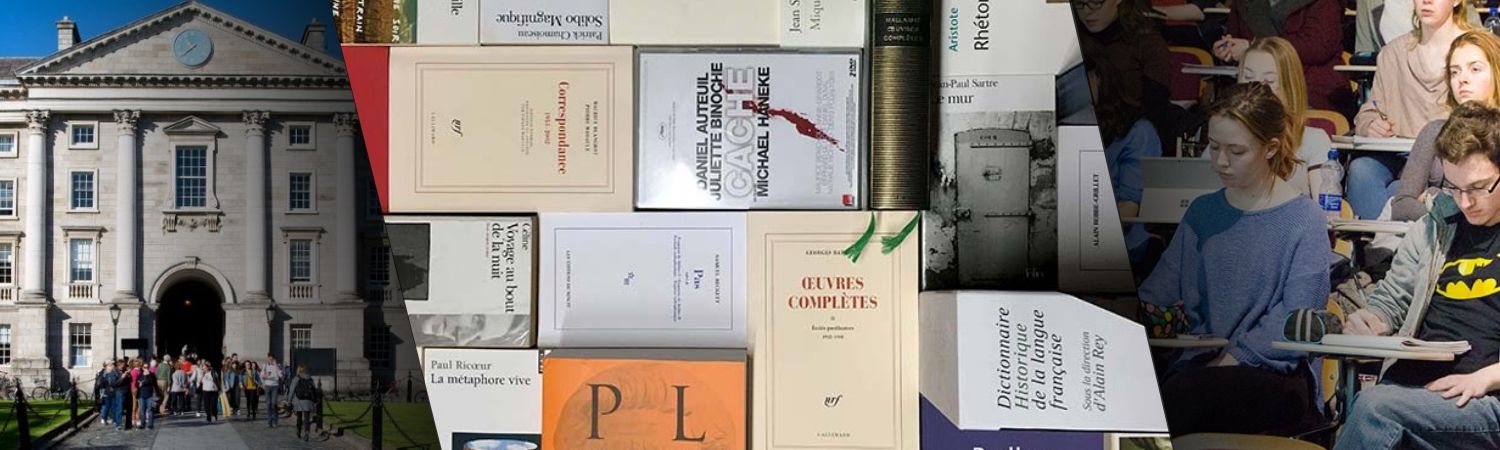 Images of Trinity College Dublin including a set of French books in the middle section