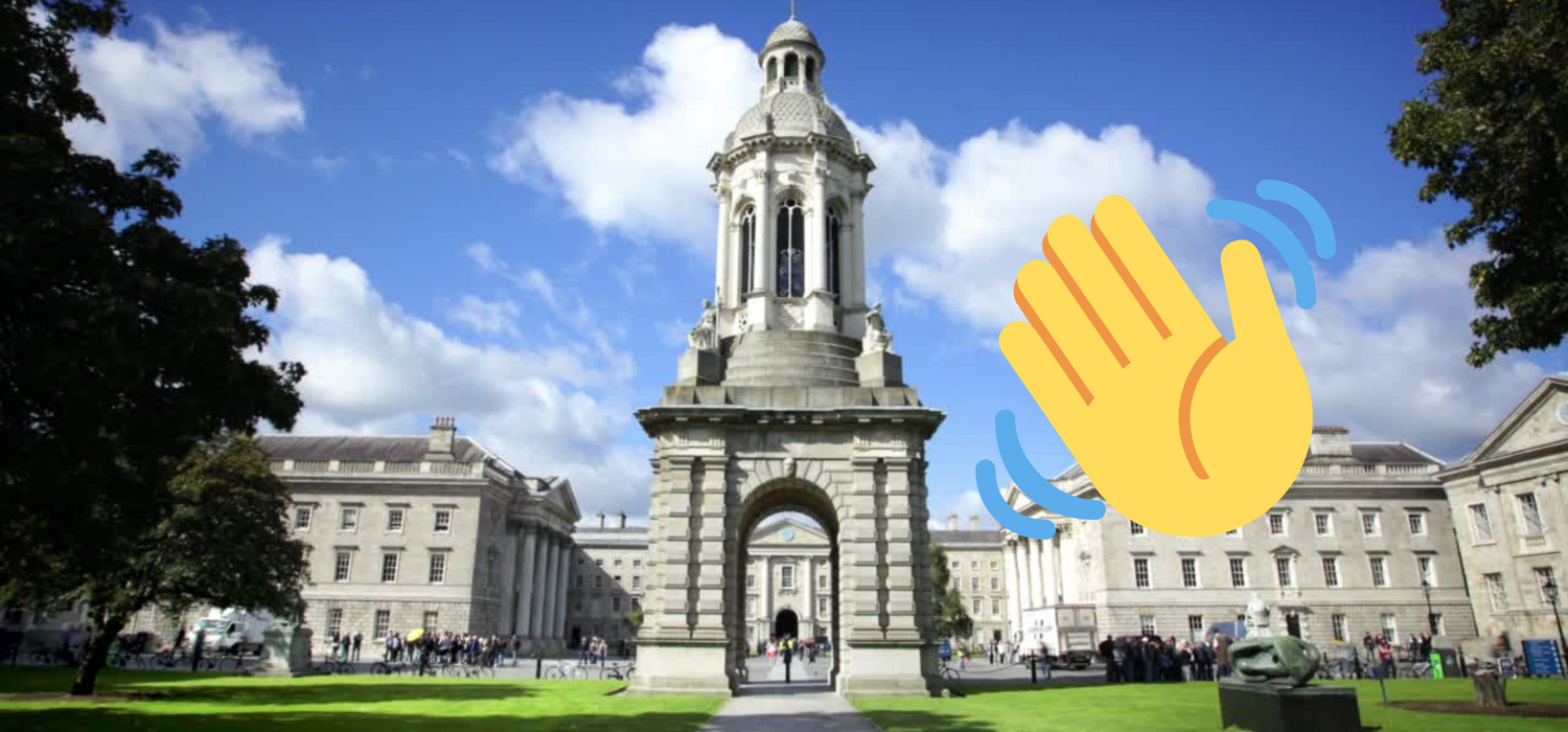 an emoji waving hand overlaid image of Trinity campanile