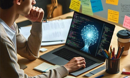 Student coding AI algorithms on a laptop with notes