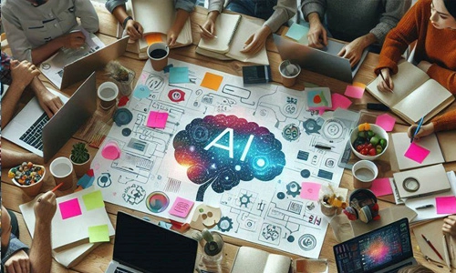 Group brainstorming session around an AI concept diagram