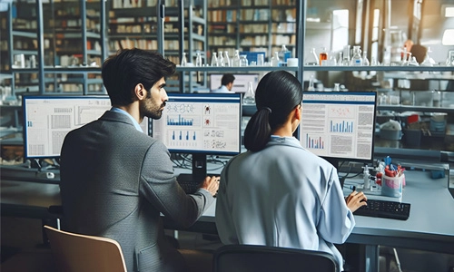 Two researchers analyzing data charts on desktop monitors in a lab