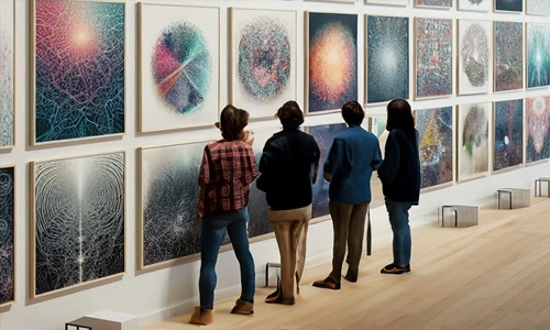 People observing digital artwork in a modern gallery