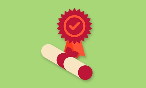 A cartoon graphic of a scroll and a badge to represent Professional Development.