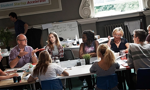 Students sitting around a long rectangular table