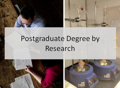 PG degree by research title written over images