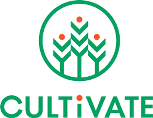 Cultivate logo with circular graphic of 3 plants straight lines - simple green with red bud