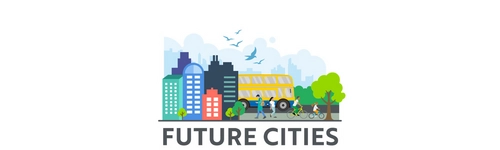 Future Cities Logo - graphic of colourful city with lettering