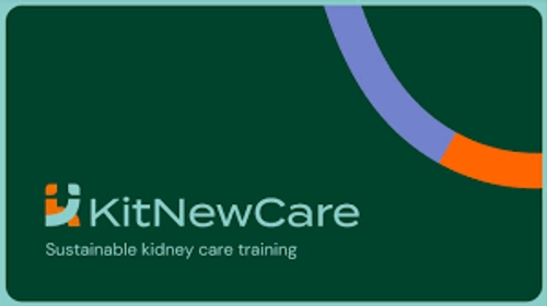 KitNewCare logo - card format dark green background with colourful lettering and semicircle in top corner purple and orange