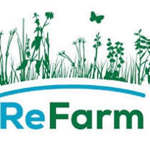 ReFarm Logo - wording with a graphic of wildflowers growing and butterfly