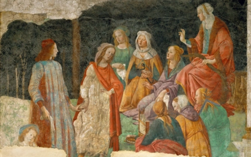 Detail from a Botticelli fresco, A Young Man Being Introduced to the Seven Liberal Arts, showing a group of people seated.