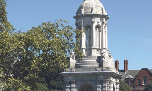 Close up image of the top of the Campanile (bell tower) in Trinity College Dublin