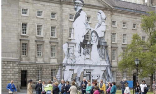 A mural on the front of one of buildings on the Front Square of Trinity College Dublin by renowned street artist Joe Caslin