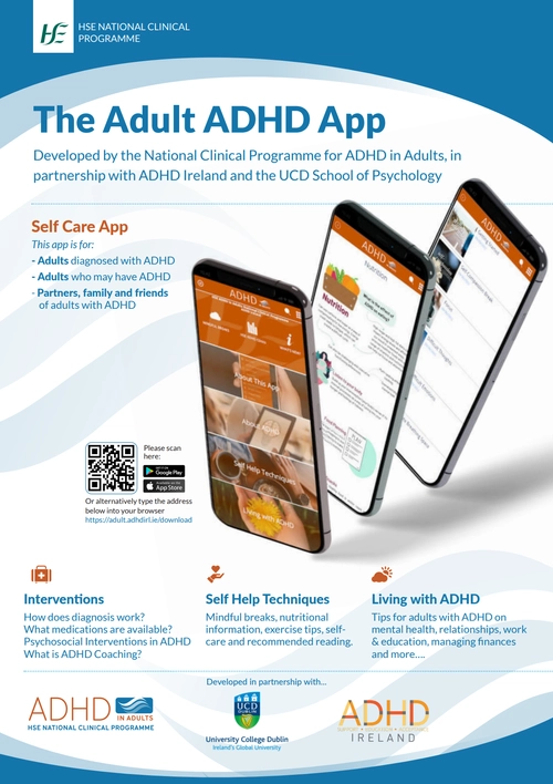 Poster displaying information about The Adult ADHD App, such as: App preview, who it's for, features, download link and QR code, and partnerships