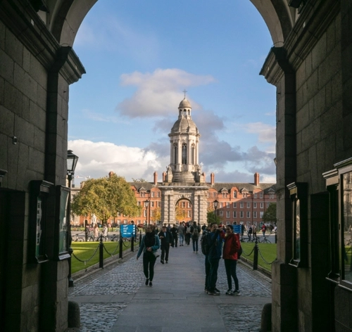 A view of the campanile through the main entrance at Trinity College Dublin