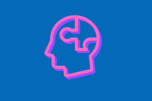 Logo of pink and purple brain against a blue background