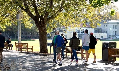 Students walking beside the Cricket pitch