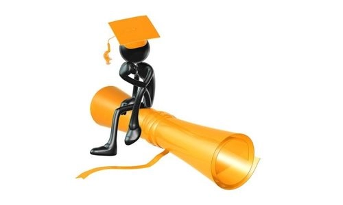 An image of a person sitting on a scroll wearing a graduation cap