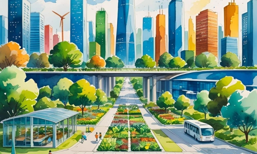 An illustration of a futuristic and sustainable city