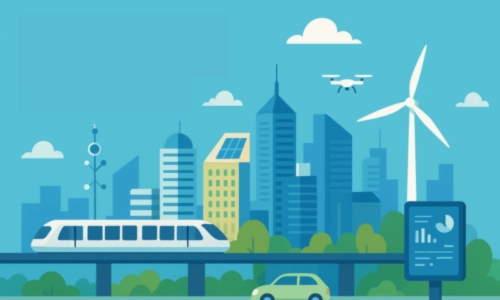 An illustration of a futuristic and sustainable city