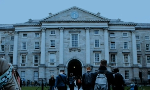 The Front Facade of Trinity College Dublin with a blue colouring over the image