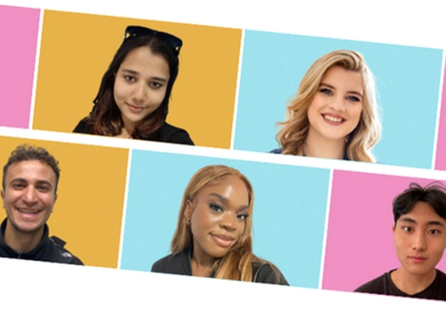 A collage of student profile images with colourful backgrounda