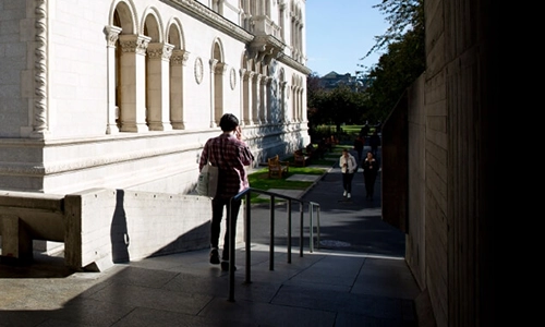 Figure walking towards museum building