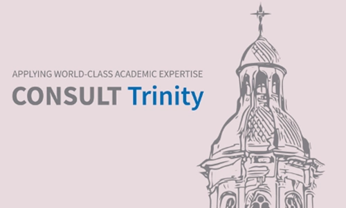 graphic of the campanile and consult trinity logo