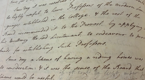 Detail from a 1774 handwritten manuscript outlining the minutes of the Trinity Board.