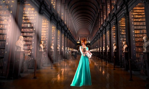 A woman breastfeeding a child in the Old Library.