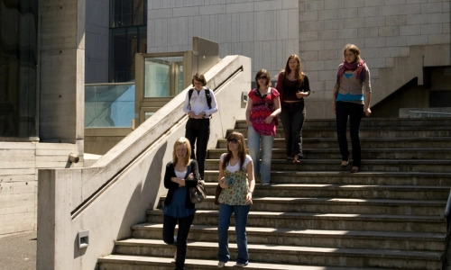 People walking down the steps of the Long Room Hub.