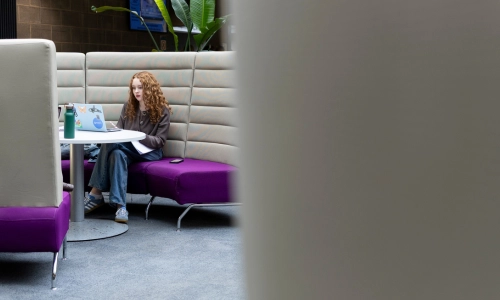 A student sits in a cushioned study booth in the Boland Library.