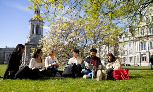 Students sitting in a group on Fellows Square, Trinity College Dublin.