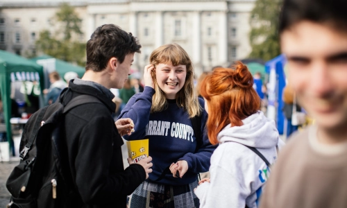 Students in conversation on Front Square.