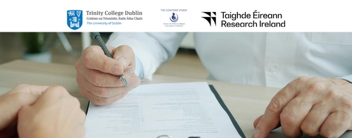 Person holding a pen over a medical consent form, with logos for Trinity College Dublin, The CONTENT Study, and Research Ireland above.