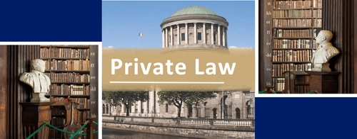Private Law text banner centered over the Four Courts, Dublin, flanked by busts and bookshelves from Trinity College Library.