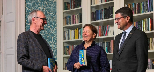 Professor Michael Cronin in conversation with author Anne Enright and HE Dr Laurenţiu-Mihai Ştefan, Ambassador of Romania to Ireland.