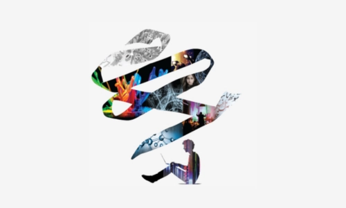 graphic of person sitting holding a laptop and colourful swirl emitting from it